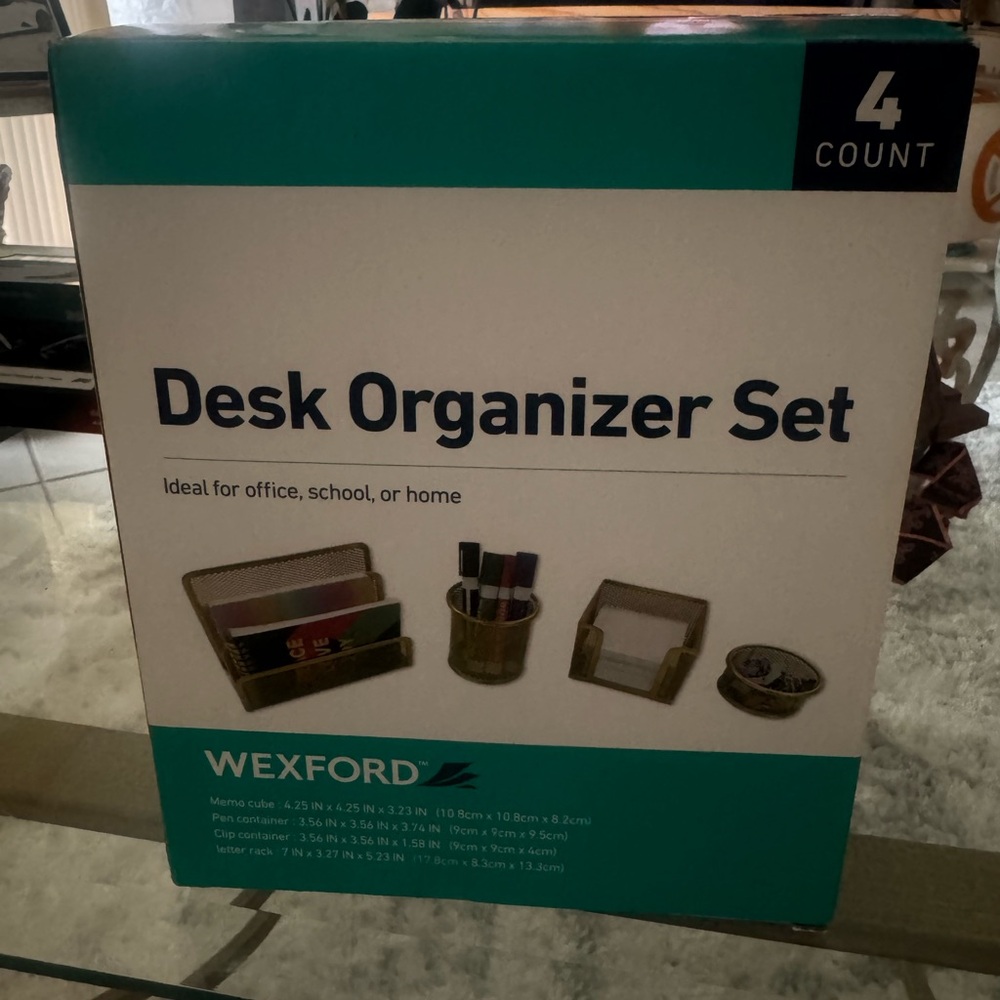 Desk Organizer Set - 4 Count Memo Cube Pen + Clip Container + Letter Rack Metal